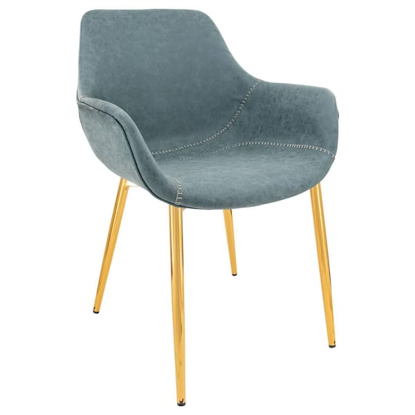Leisuremod Markley Modern Leather Dining Arm Chair With Gold Metal Legs in Peacock Blue