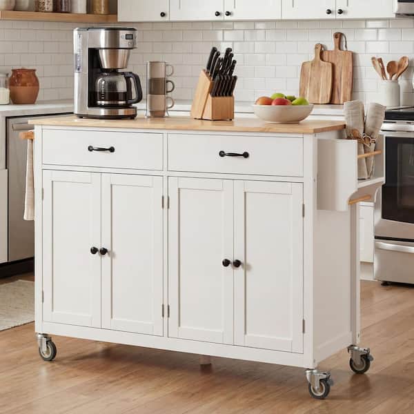 White Wood 54 in. Kitchen Island with Solid Wood Top, Locking Wheels, 4-Door Cabinet and 2-Drawers for Kitchen Room