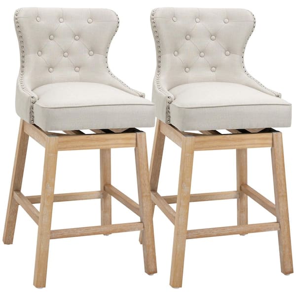 HOMCOM 43.25" Cream White Wingback Rubberwood 30" Bar Chair with Polyester Seat, 2 Included