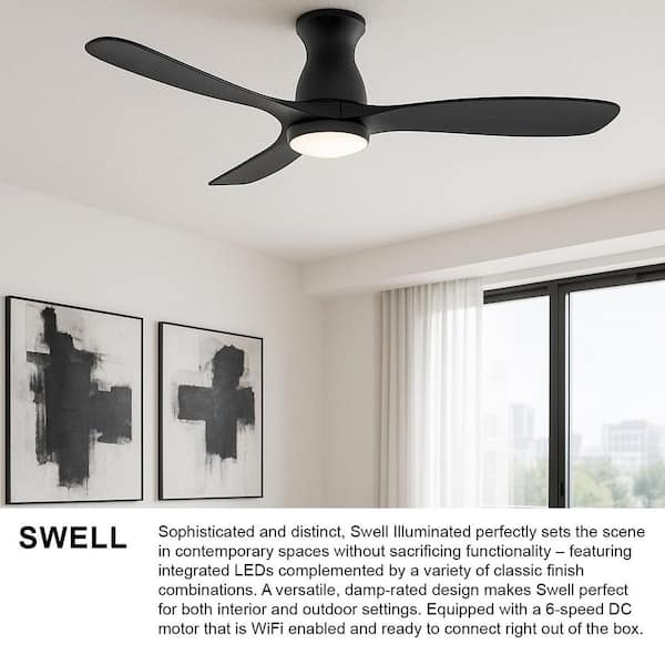 HINKLEY - Swell Flush Illuminated 56.0 in. Indoor/Outdoor Integrated LED Matte Black Ceiling Fan with Remote Control
