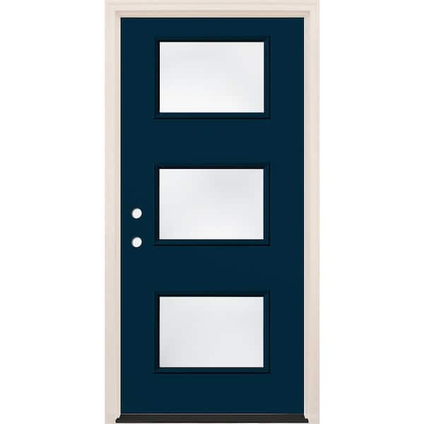 Builders Choice 36 in. x 80 in. Right-Hand/Inswing 3-Lite Clear Glass Indigo Painted Fiberglass Prehung Front Door w/4-9/16 in. Frame