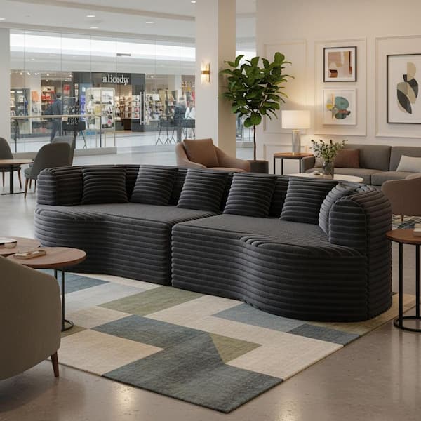 ETKO 106.3 in. Round Arm 1-Piece Corduroy Curved Deep Seat Sectional Sofa with 6 Pillows, in Jet Black