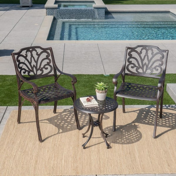 Noble House Linda Bronze 3-Piece Cast Aluminum Outdoor Patio Conversation Set