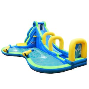 95.5 in. x 188 in. Blue Oxford Cloth Kids Inflatable Water Park Bounce House with Slide Climbing Wall Splash Pool