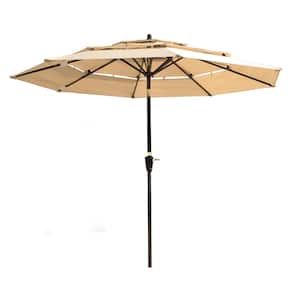 9 ft. 3 Tiers Market Round Outdoor Patio Umbrella with Push Button Tilt and Crank in Tan