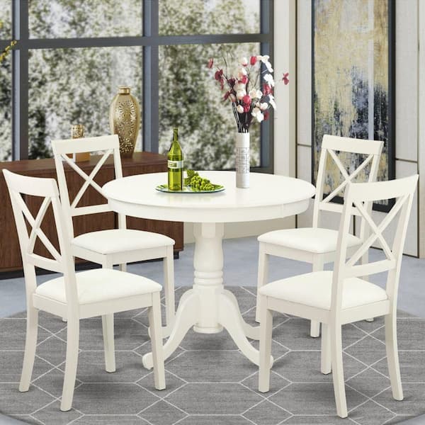 5-Piece Linen White Finish Solid Wood Top Dining table with 4 Lattice Back Faux Leather Seat Dining Chairs, Seats 4