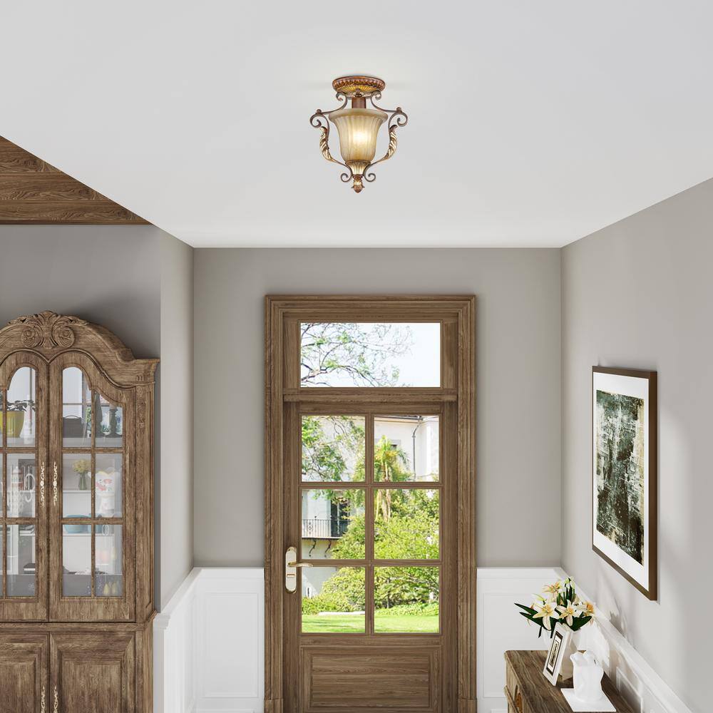 Verona Bronze and Gold Leaf Rustic Glass Semi-Flush Mount