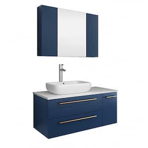 Lucera 36 in. W Wall Hung Bath Vanity in Royal Blue with Quartz Sink Vanity Top in White with White Basin