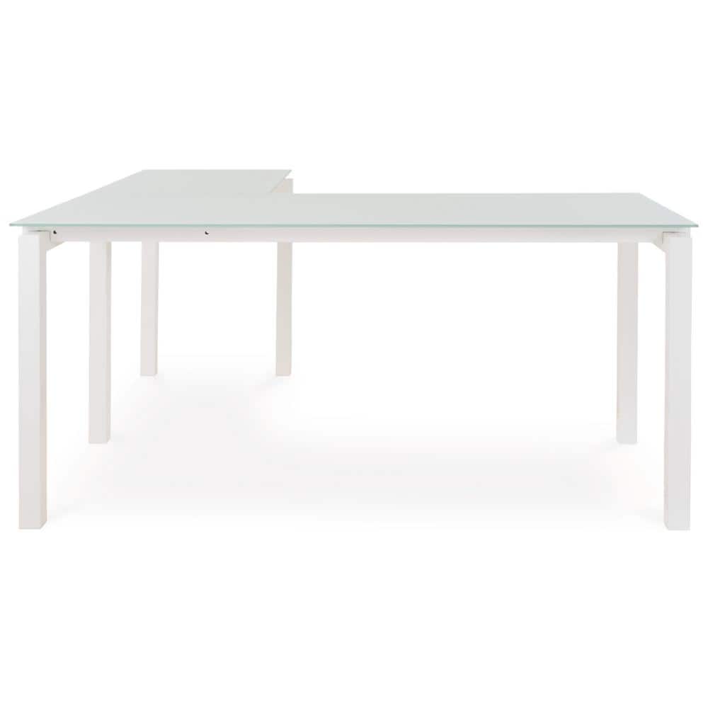 Modern White Corner Home Office Desk with Glass Top and Drawer