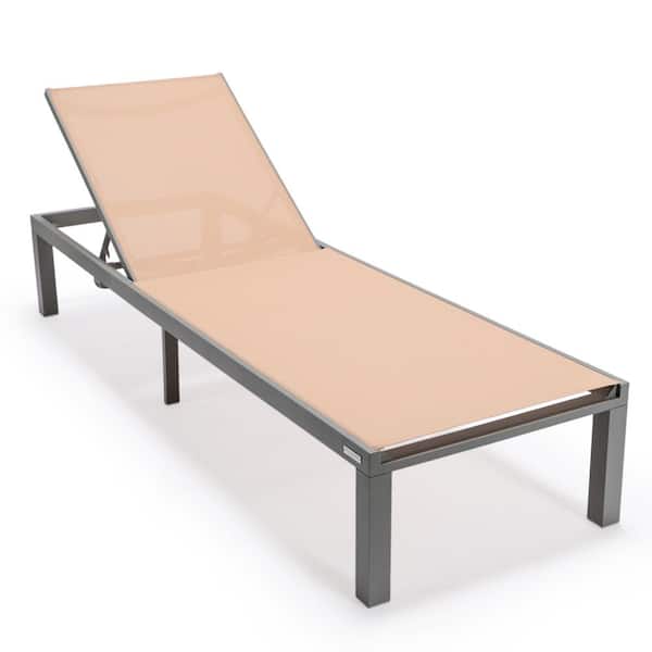 Leisuremod Marlin Outdoor Patio Chaise Lounge Chair in Grey Aluminum Reclining Backrest Mesh Sling Fabric Seat in Light Brown