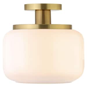 Tatum 11 in. Brushed Brass and White Semi Flush Mount with Glass Shade