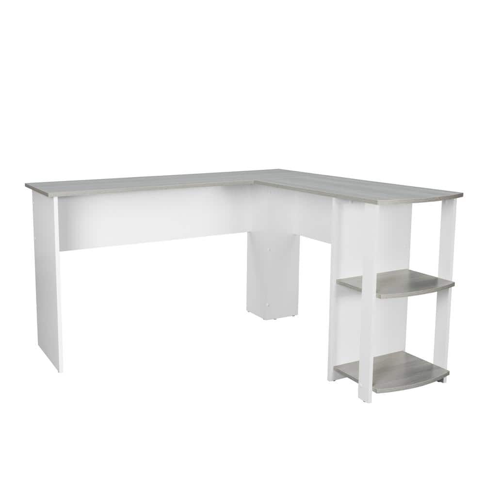 Modern Gray L-Shaped Home Office Desk with Side Storage Shelves