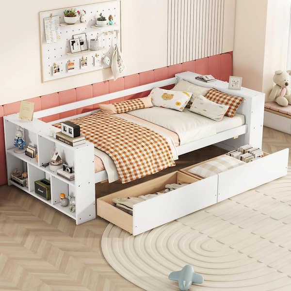 Harper & Bright Designs White Wood Frame Twin Size Daybed with 2 Large Drawers and 2 Side Shelves