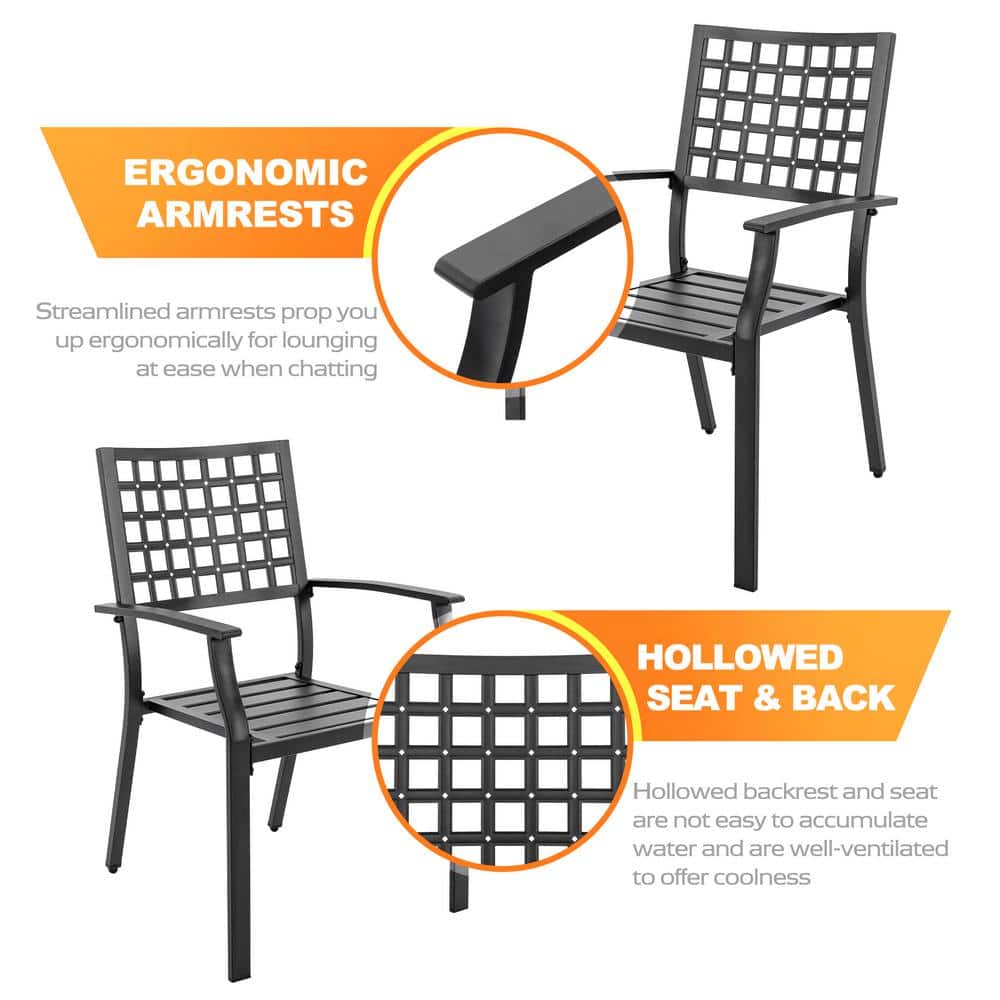 Black Wrought Iron Stackable Outdoor Dining Chairs with Armrest, Set of 2