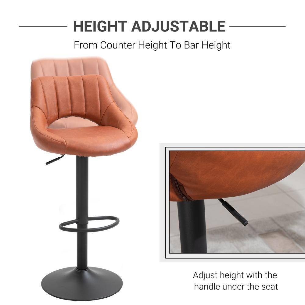 Adjustable Swivel Barstool in Brown Leather with Metal Base