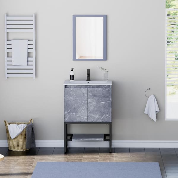eclife 24 in. W x 18 in. D x 34 in. H Single Sink Freestanding Bath Vanity Cabinet in Gray with White Ceramic Top