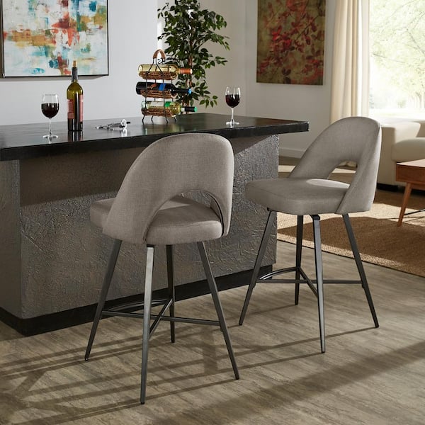 HomeSullivan 38.5 in. Grey Fabric Black Metal Swivel Bar Stools (Set Of 2)