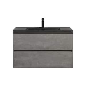 36 in. W x 20 in. D x 22 in. H Single Sink Wall-Mounted Bath Vanity in Grey with Matte Black Quartz Sand Top