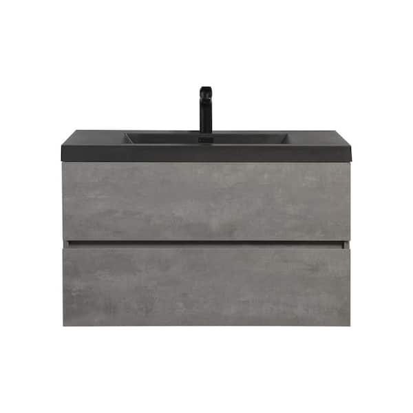 JimsMaison 36 in. W x 20 in. D x 22 in. H Single Sink Wall-Mounted Bath Vanity in Grey with Matte Black Quartz Sand Top