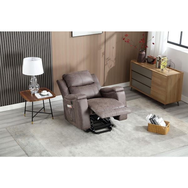 39 in.W Recliner Brown Oversized Faux Leather Heated Massage Power Recliner Sofa with Adjustable Footrest and Cup Holder