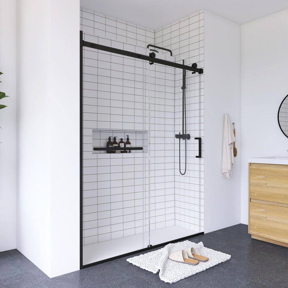 Matte Black Semi-Frameless Sliding Shower Door with Tempered Glass