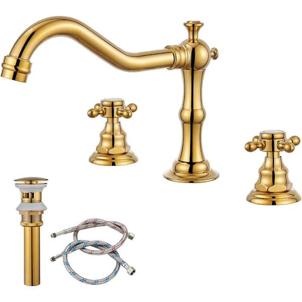 Double Handles Vessel Sink Faucet with Pop-Up Drain in Polished Gold