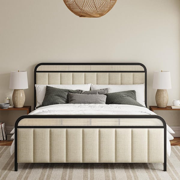 JAYDEN CREATION Edmund Linen Modern Solid Wood Frame Ratten Bed with Headboard Lighting