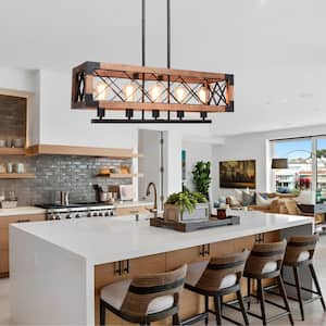 5-Light Brown Industrial Rectangular Linear Chandelier for Dining Room Kitchen with No Bulbs Included