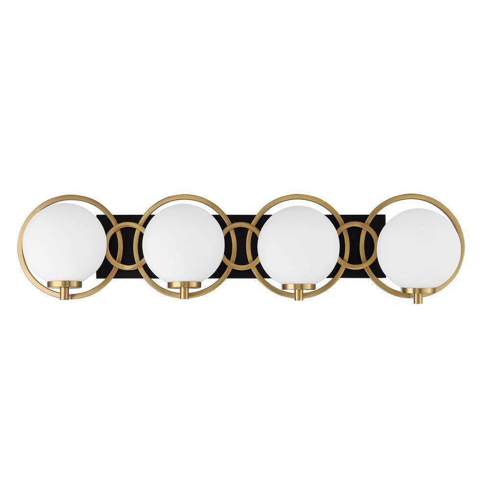 Matte Black and Warm Brass 4-Light Vanity with Frosted Glass Shades
