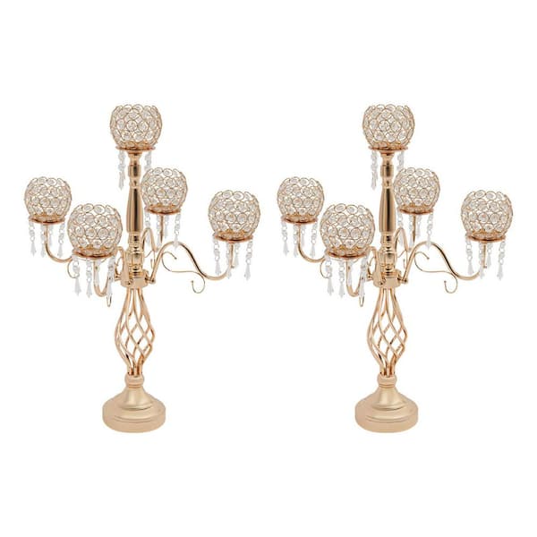Gold Metal Iron Acrylic Crystal Decor 26 in. H Candle Holders 5-Arm Candelabra (Set of 2)