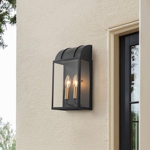 14.96 in. 2-Light Matte Black Rectangle Outdoor Hardwired Wall Lantern Sconce with Glass Shade