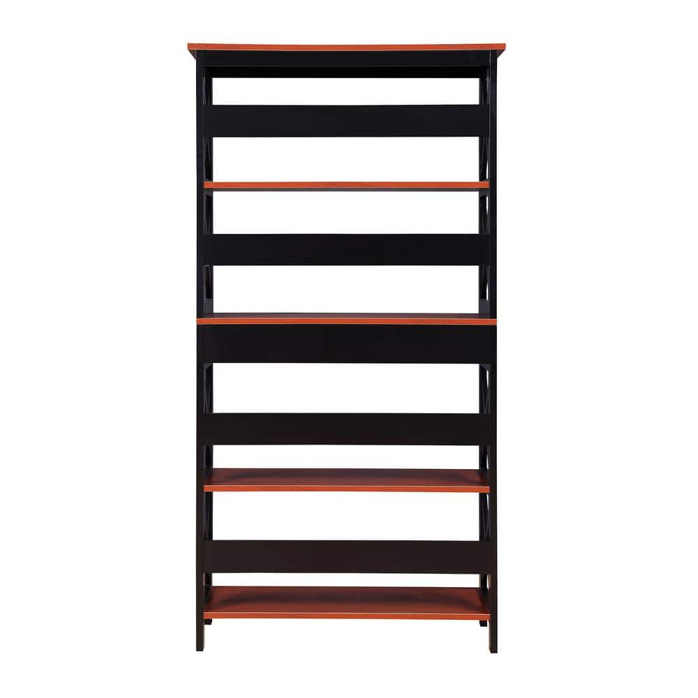 Oxford Modern 5-Tier Cherry & Black Bookcase with Concealed Drawer