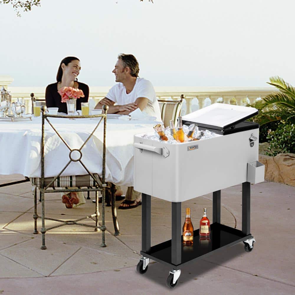 Gray 80QT Rolling Steel Cooler Cart with Wheels and Shelf