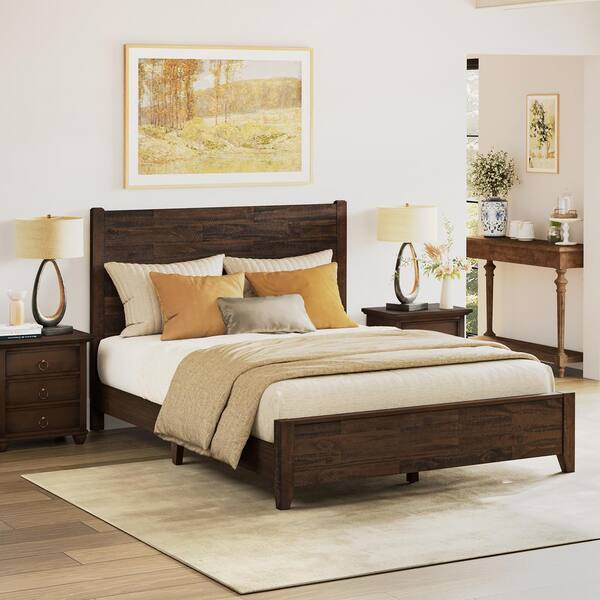 cozyman Echo 60 in. W Rustic Dark Brown Walnut Solid Wood Frame Queen Size Platform Bed Frame with Wooden Headboard Bed Frame HS WALNUT Q1