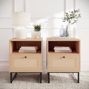 Malaki 17 in. Natural Square Engineered Wood End Table with Rattan Accented Drawers, Open Upper Shelves, and Metal Legs