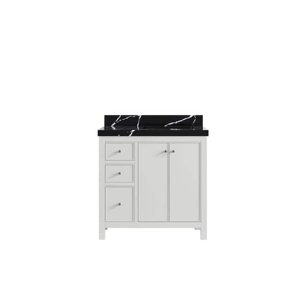 Chicago 36 in. Right Offset Sink Freestanding White Bath Vanity with Calacatta Black Qt. Top Unassembled
