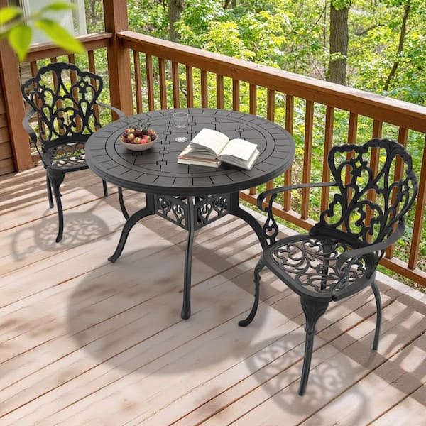 3-Piece Black Cast Aluminum Outdoor Dining Set with Off-White Cushions