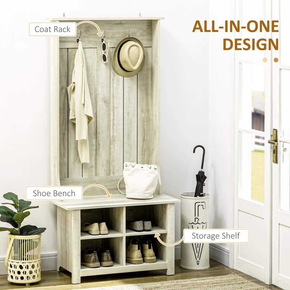 White Wood Hall Tree with Shoe Storage Bench and Coat Rack
