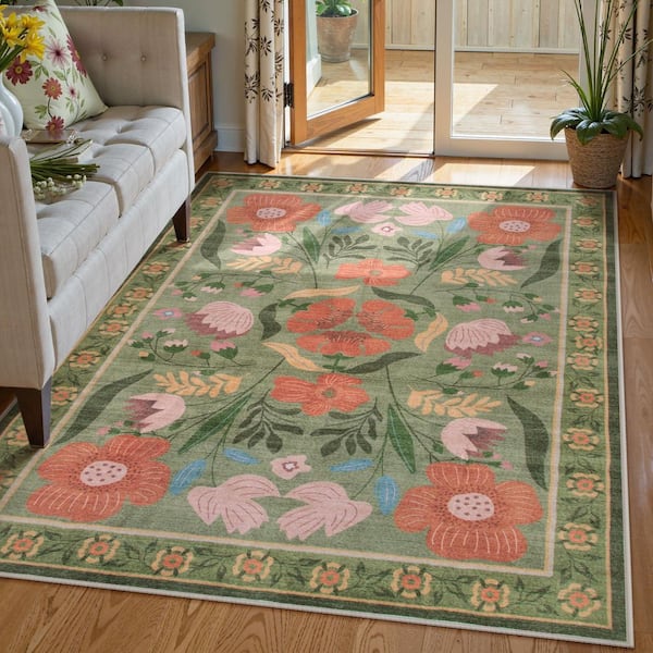 Cottagecore Floral Washable Non-Slip Green 5 ft. x 7 ft. Area Rug