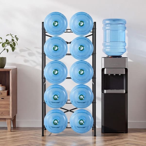 5-Tier Black Double Row Water Jug Rack, Holds 10 Bottles (3 and 5 Gal.), Easy to Assemble, Durable Organizer