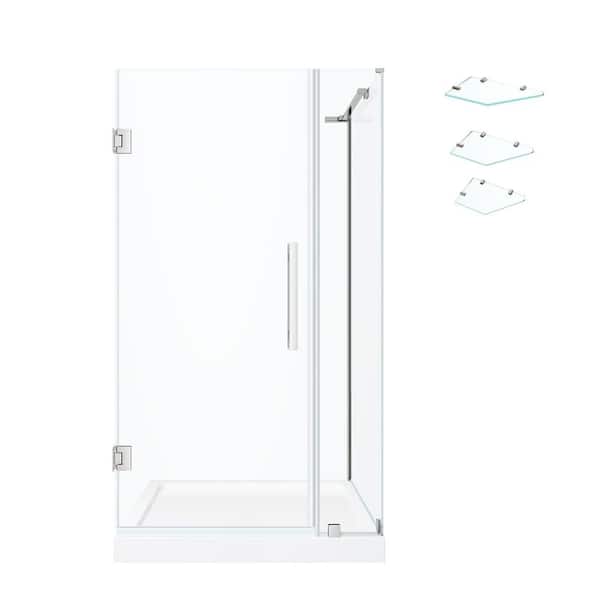 Tampa-Pro 36in. L x 36in. W x 75in. H Corner Shower Kit w/Pivot Frameless Shower Door in Chrome w/Shelves and Shower Pan