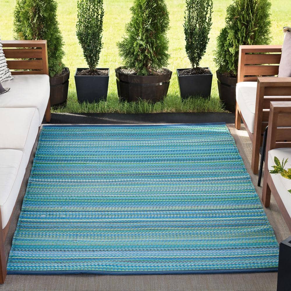 Aqua and Green Striped Synthetic 5' x 7' Outdoor Rug
