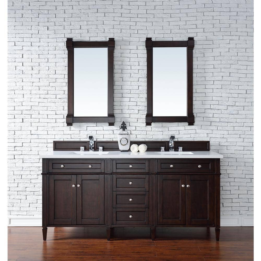 James Martin Vanities Brittany 72 in. W Double Bath Vanity in Burnished  Mahogany with Quartz Vanity Top in Classic White with White Basin 