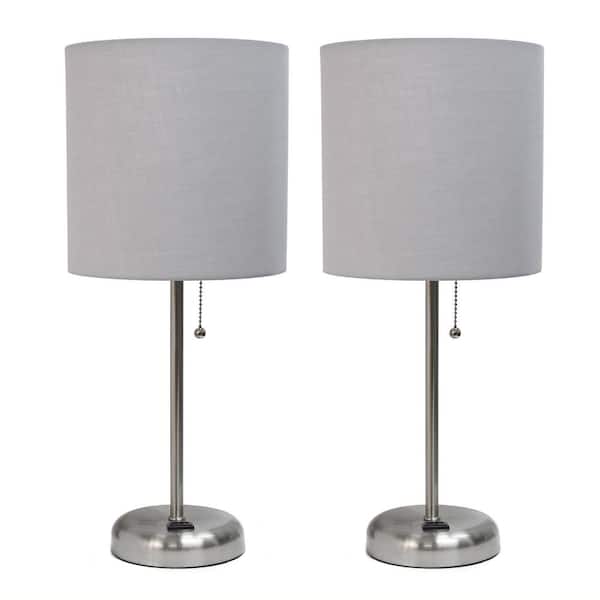 Creekwood home 19.5 in. Contemporary Bedside Duo, Brushed Steel Table Lamp Two Pack Set with Power Outlet, Gray Shades