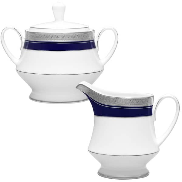 Crestwood Cobalt Platinum Sugar 10 oz. and Creamer 8 fl. oz. Set (White) Porcelain