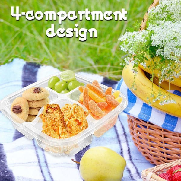 Anqtovp Disposable Plastic Bento Snack Containers 4 Compartment