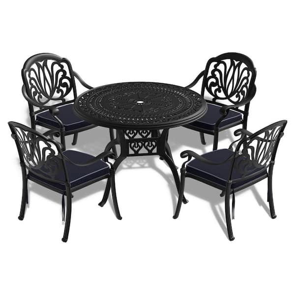 Anvil 5-Piece Cast Aluminum Outdoor Dining Set Patio Dining Table with Stackable Dining Chairs and Random Colors Seat Cushions
