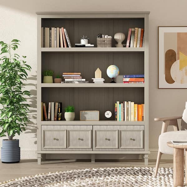 FUFU&GAGA 47.2 in. W x 63 in. H, Wood Grain Gray, 3-Tier Open Shelves, Accent Bookcase with 2 Drawers for Storage