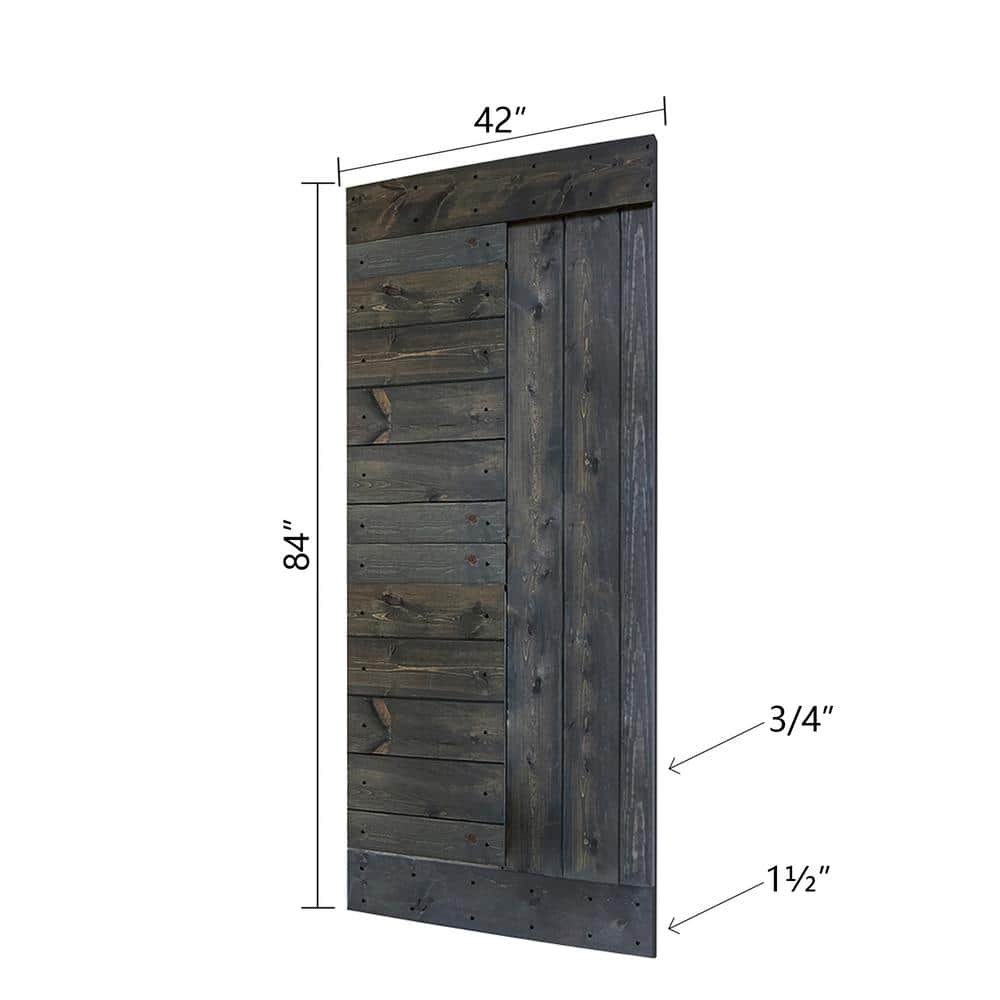 Carbon Gray Solid Knotty Pine Wood Sliding Barn Door Kit with Black Hardware