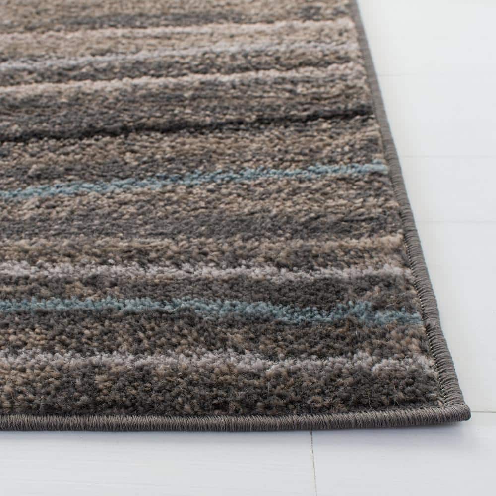 Silver and Beige Striped Synthetic Outdoor Area Rug